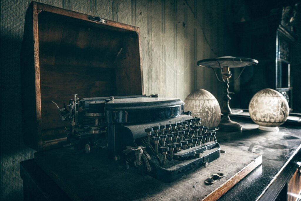 black and gray typewriter on table, destruction créatrice